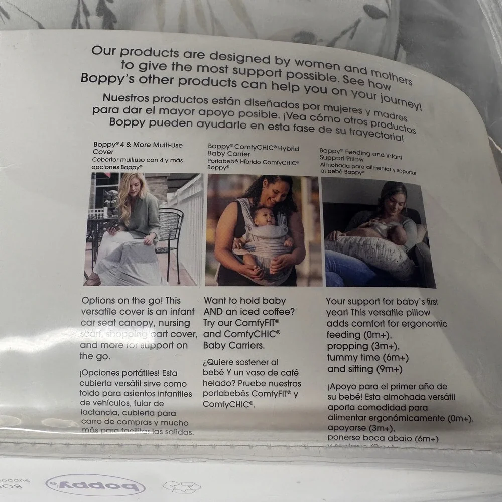 Boppy Side Sleeper Pregnancy Maternity Pillow Jersey Leaf Print Grey White